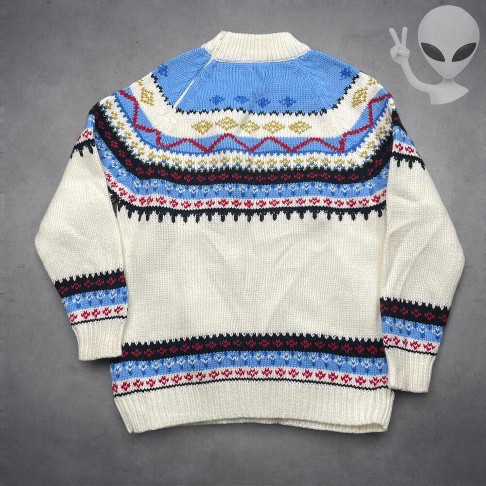 Vintage 70s Grants Mens Medium Fair Isle Ski Sweater Cream Blue Ribbed Knit - Picture 5 of 7
